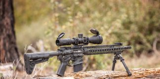 Customized AR15 upper receiver set up on a log