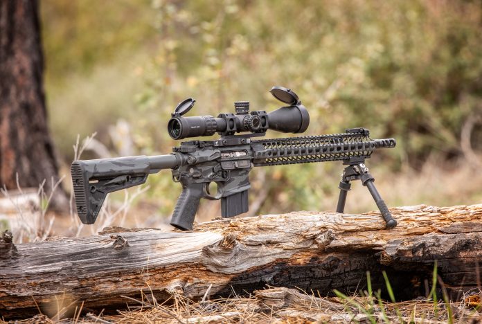 PA27 3-18 Apollo Customized AR15 upper receiver set up on a log