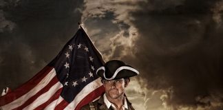 A colonial era soldier holding a modern AR15 rifle