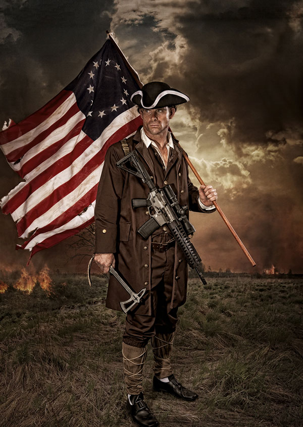 A colonial era soldier holding a modern AR15 rifle